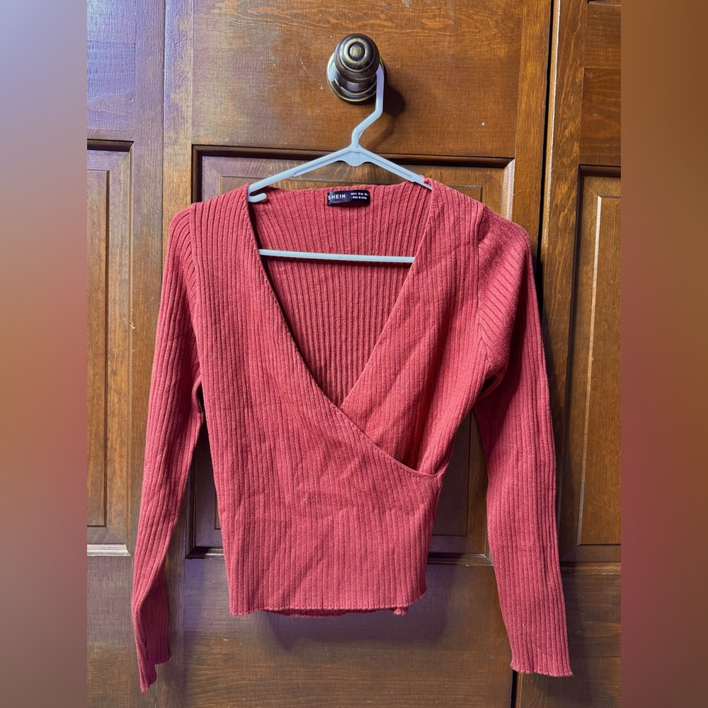 SHEIN S Red Long Sleeve V Neck Top